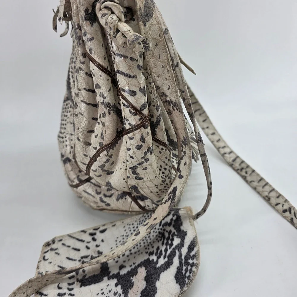 Vintage Hobo Bucket Bag Snakeskin Print‎ Fringe Leather Brown Cream Coin Purse
